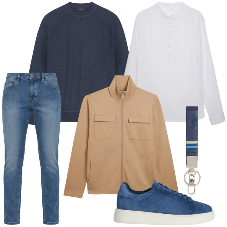 Outfit uomo - La giacca utility. Stile Casual per Tutti i giorni. Abbinamento con portachiavi, sneakers, jeans, felpe, maglieria, camicie.