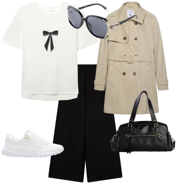 Outfit donna - Classico di primavera. per Tutti i giorni. Abbinamento con sneakers, borse a mano, occhiali da sole, pantaloni culotte, t-shirt, trench.