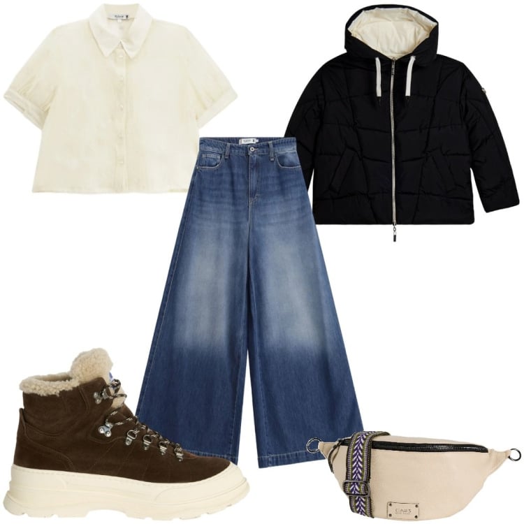 Outfit donna - Total look #2370316. Stile Basic per Tutti i giorni. Abbinamento con marsupi, stivaletti, jeans, camicie a manica corta, piumini.