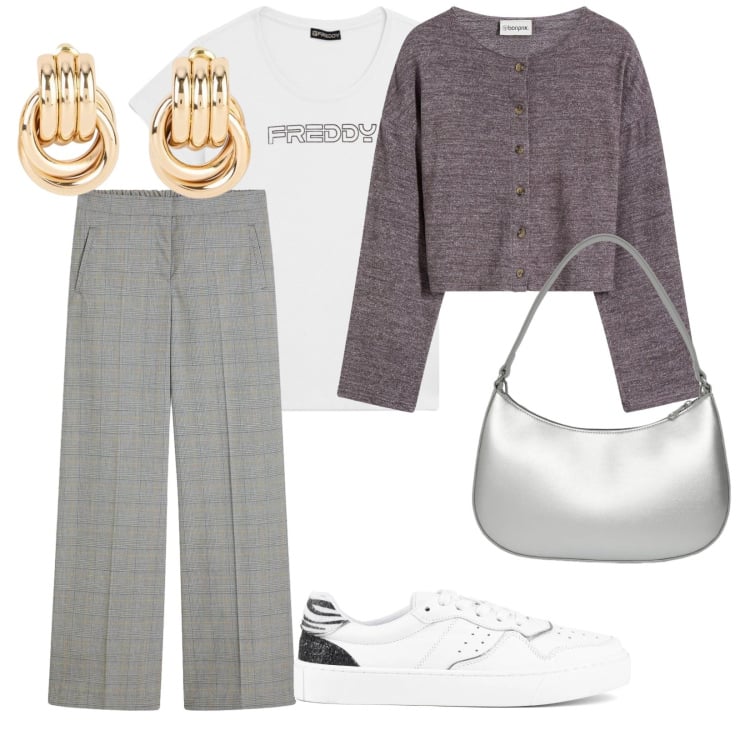 Outfit donna - Con amiche. per Tutti i giorni. Abbinamento con pantaloni, cardigans, orecchini, borse a tracolla, t-shirt, sneakers.