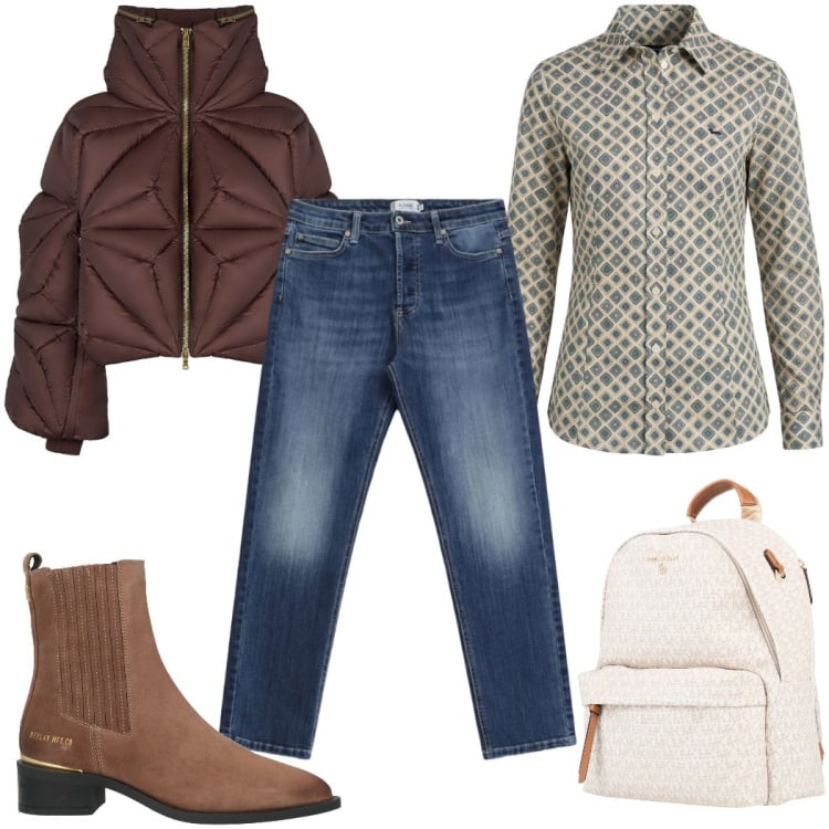 Outfit donna - Total look #2370323. Stile Trendy per Tutti i giorni. Abbinamento con zaini, stivaletti chelsea, camicie, jeans, piumini.