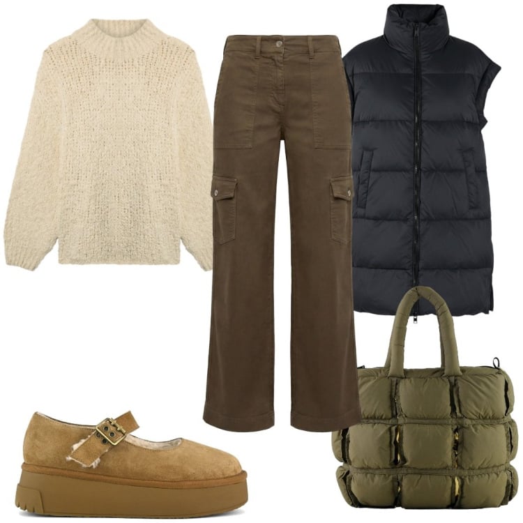 Outfit donna - Total look #2370325. Stile 70s per Tutti i giorni. Abbinamento con pantaloni cargo, pullovers, borse a mano, piumini, décolleté.