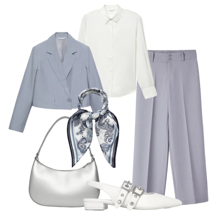 Outfit donna - Grigio perla mélange a cena. Stile Glamour per Serata fuori. Abbinamento con camicie, foulard, blazer, ballerine, pantaloni, borse a tracolla.