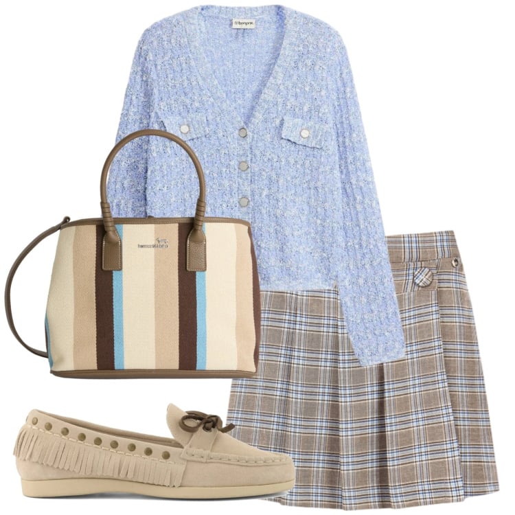 Outfit donna - Total look #2370327. Stile Basic per Tutti i giorni. Abbinamento con cardigans, shopping bag, gonne, mocassini.
