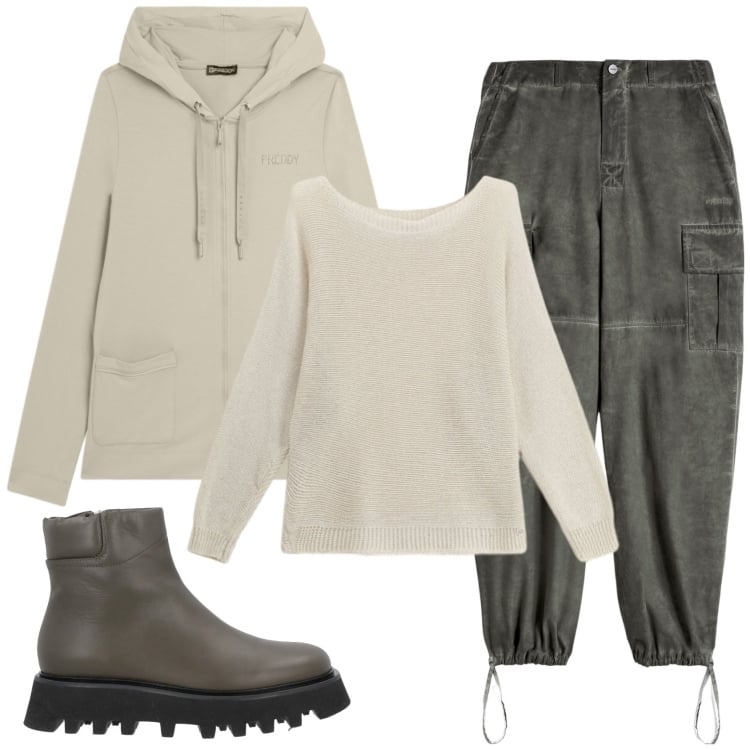 Outfit donna - Total look #2370331. Stile Basic per Tutti i giorni. Abbinamento con stivaletti, maglieria, pantaloni cargo, felpe con cappuccio.