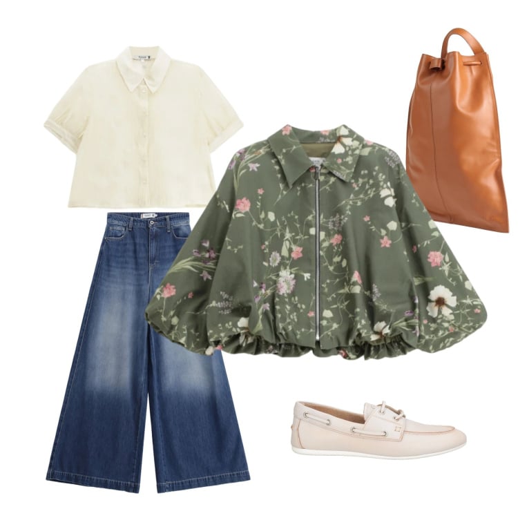 Outfit donna - Passeggiata al parco o in città. Stile Casual chic per Tutti i giorni. look ideale per Tall. Abbinamento con zaini, mocassini, bomber, jeans, camicie a manica corta.