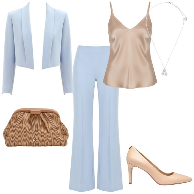 Outfit donna - Cerimonia all\' aperto. Stile Trendy per Cerimonia. Abbinamento con décolleté, pochette, blazer, canottiere, pantaloni a palazzo, ciondoli.