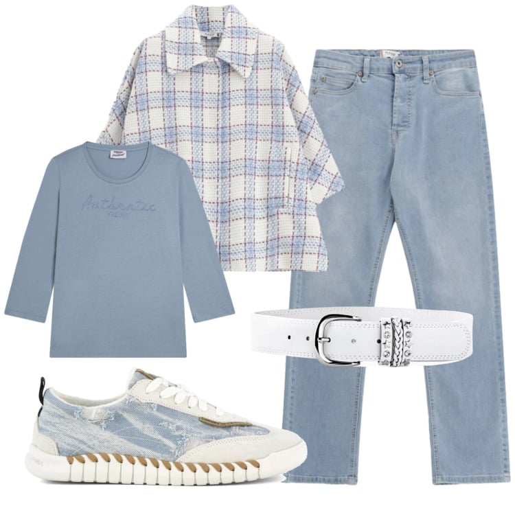 Outfit donna - Total look #2370340. Stile Casual per Tutti i giorni. Abbinamento con cinture, cappotti, jeans, t-shirt, sneakers.