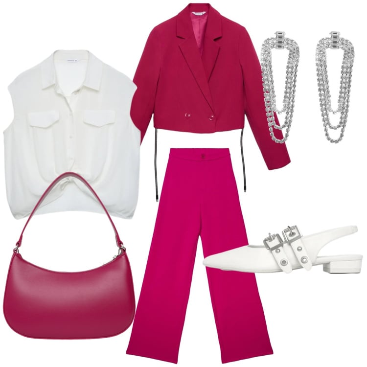 Outfit donna - Terranova Glam Events. Stile Chic per Serata fuori. Abbinamento con blazer, orecchini, ballerine, pantaloni, borse a tracolla, camicie a manica corta.