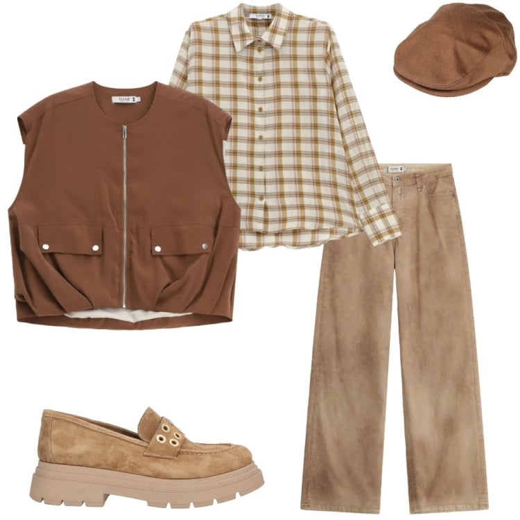 Outfit donna - Look primaverile. Stile Urban per Tutti i giorni. Abbinamento con cappelli, mocassini, camicie, pantaloni a palazzo, gilet.