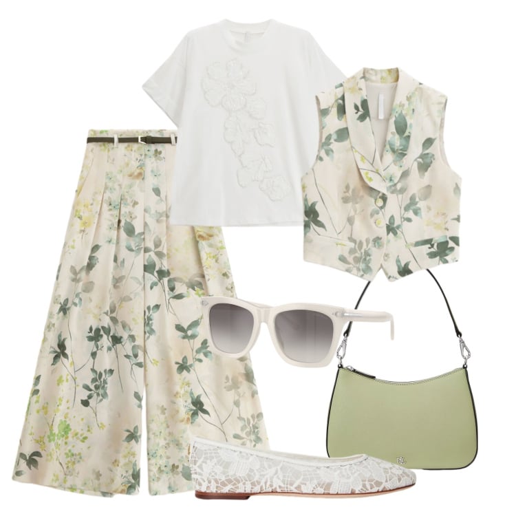 Outfit donna - Floreale delicata Imperial. Stile Trendy per Tutti i giorni. Abbinamento con gilet, pantaloni a palazzo, t-shirt, ballerine, borse a spalla, occhiali da sole.