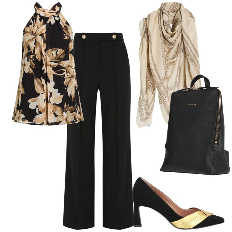 Outfit donna - Nero e oro. Stile Chic per Serata fuori. Abbinamento con décolleté, sciarpe, zaini, top, pantaloni.
