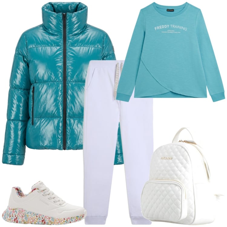 Outfit donna - Total look #2370349. Stile Sporty chic per Sport. Abbinamento con zaini, sneakers, piumini, felpe, pantaloni.