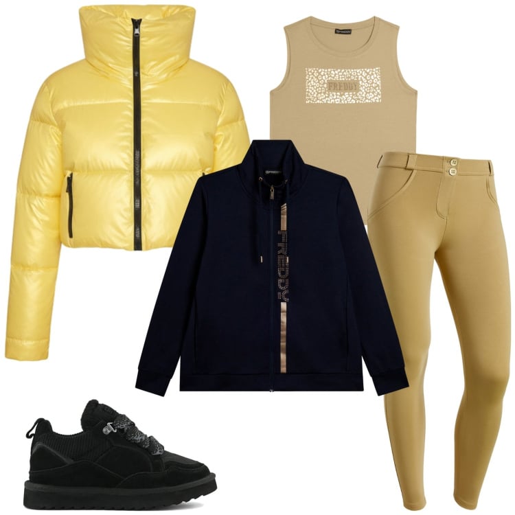Outfit donna - Total look #2370354. Stile Sporty chic per Sport. Abbinamento con piumini, pantaloni skinny, felpe, top, sneakers alte.
