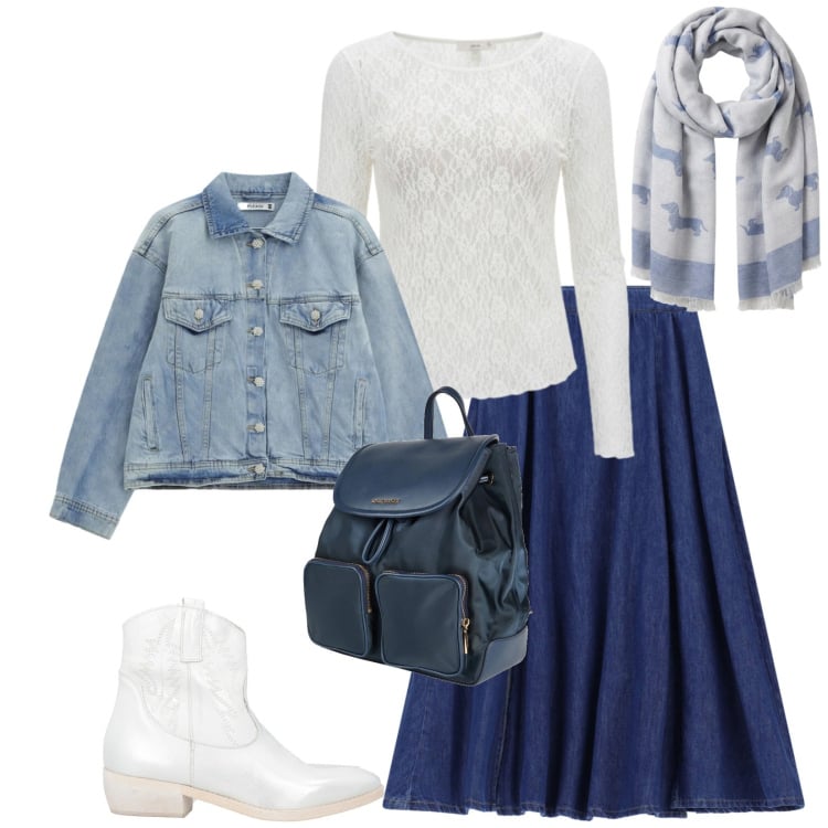 Outfit donna - Total look #2370356. Stile Trendy per Tutti i giorni. Abbinamento con zaini, stivaletti texani, sciarpe, blazer, gonne lunghe, bluse.