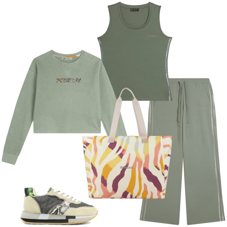 Outfit donna - Palestra tempo libero. Stile Sporty chic per Sport. Abbinamento con pantaloni, felpe, shopping bag, canottiere, sneakers.