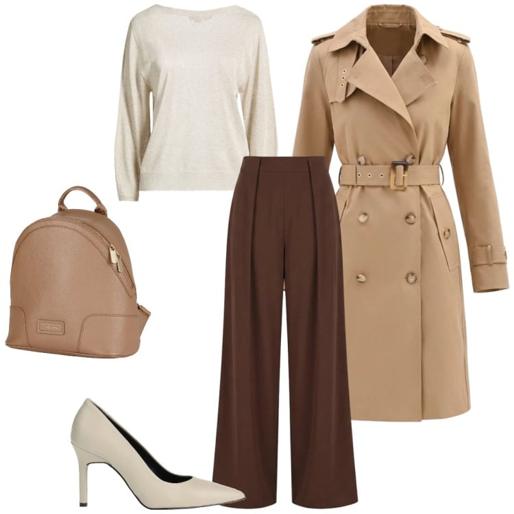 Outfit donna - In ufficio a primavera. Stile Casual chic per Ufficio. Abbinamento con décolleté, zaini, pullovers, trench, pantaloni a palazzo.