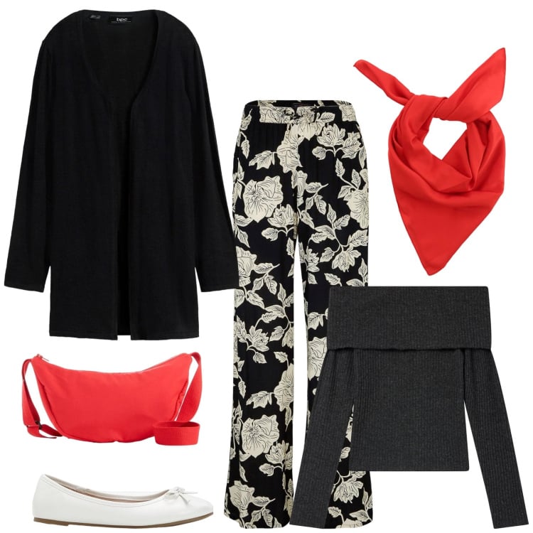 Outfit donna - Total look #2370368. Stile Casual chic per Tutti i giorni. Abbinamento con cardigans, pantaloni a palazzo, ballerine, borse a tracolla, maglieria, foulard.