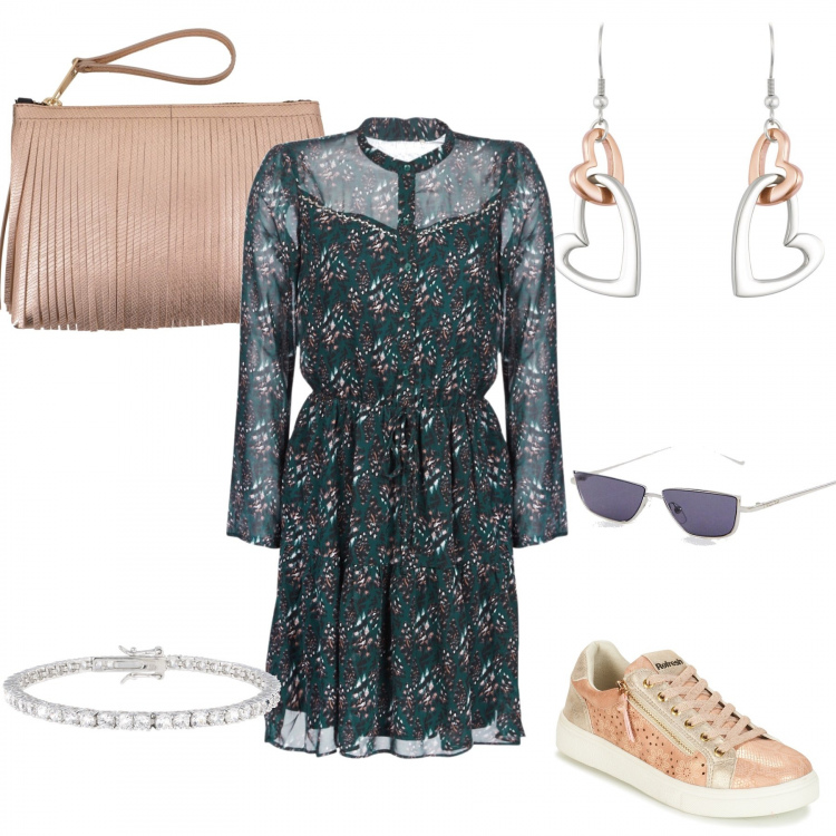 Outfit donna - Punk lady. Stile Bon Ton per Tutti i giorni. Abbinamento con vestito corto verde, scarpe rosa, orecchini pendenti, pochette fantasia con frange taglia media con zip, bracciale tennis in argento 925 argento, occhiali da sole lenti sfumate stanghette sottili.