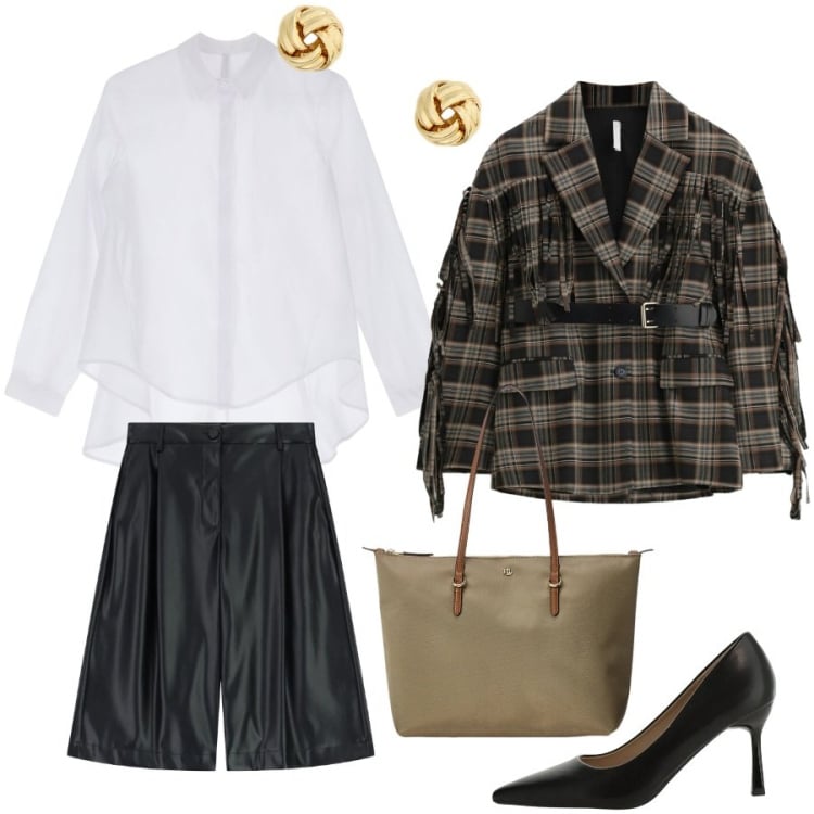 Outfit donna - Total look #2370371. Stile Trendy per Ufficio. Abbinamento con décolleté, bermuda, blazer, camicie, borse tote, orecchini.