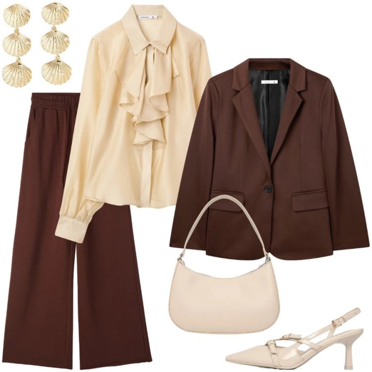 Outfit donna - Total look #2370373. Stile Bon Ton per Ufficio. Abbinamento con orecchini, camicie, décolleté, pantaloni, borse a tracolla, blazer.