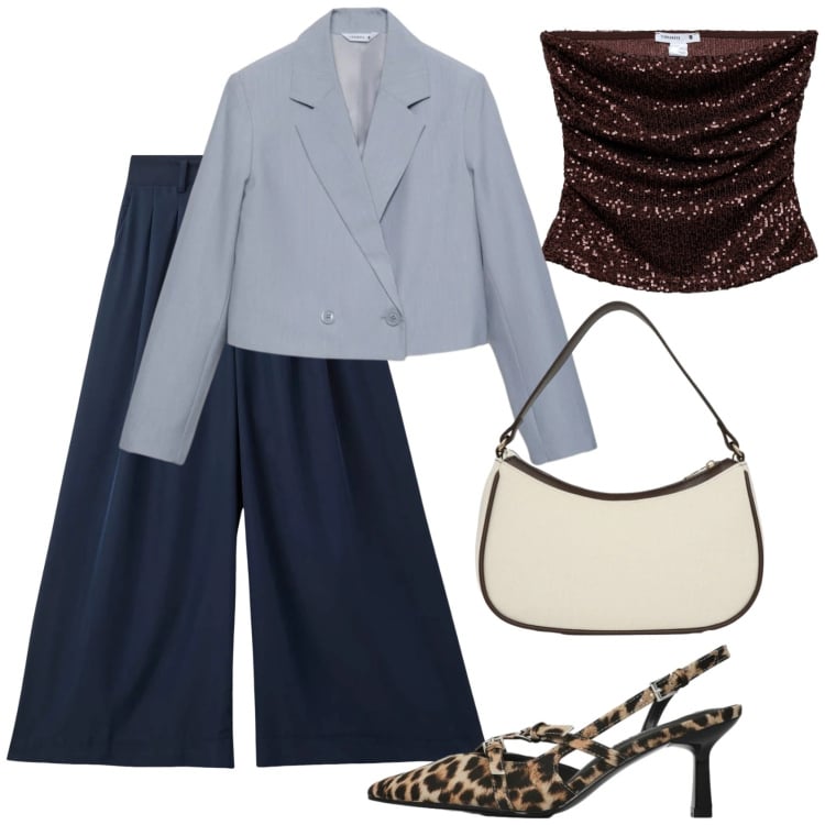 Outfit donna - Terranova glam. Stile Glamour per Serata fuori. Abbinamento con pantaloni, décolleté, blazer, borse a tracolla, top.