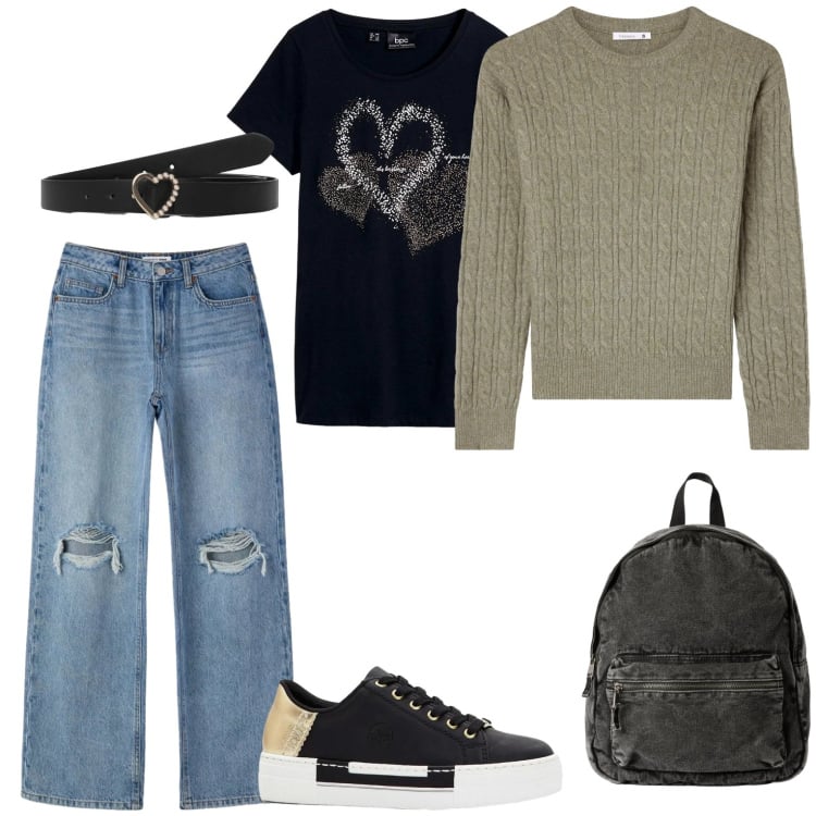 Outfit donna - In gita. Stile Casual per Tutti i giorni. Abbinamento con sneakers, t-shirt, zaini, cinture, maglieria, jeans strappati.
