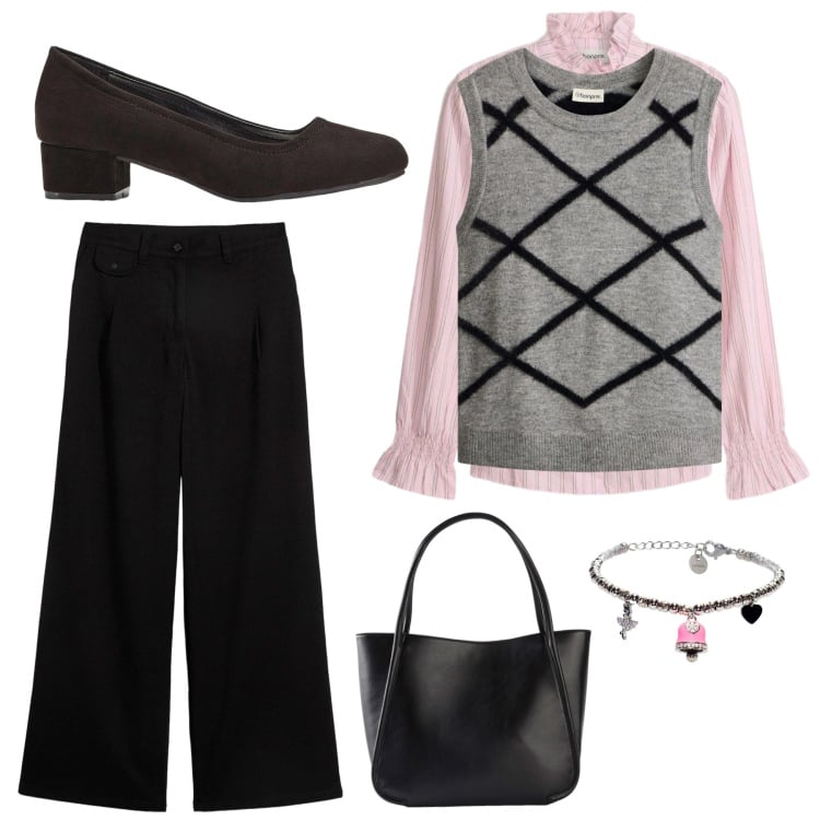 Outfit donna - Gilet con fantasia grafica. Stile Basic per Ufficio. Abbinamento con maglieria, camicie, décolleté, pantaloni, shopping bag, braccialetti.