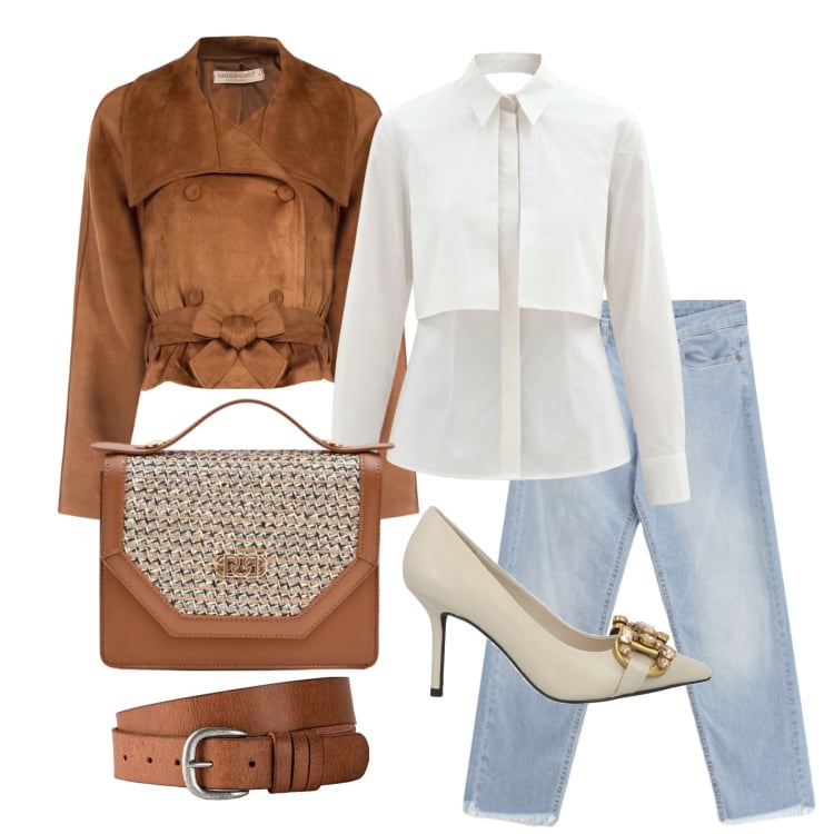 Outfit donna - Marzo. Stile Casual chic per Tutti i giorni. Abbinamento con décolleté, cinture, jeans, camicie, pochette, giacche.