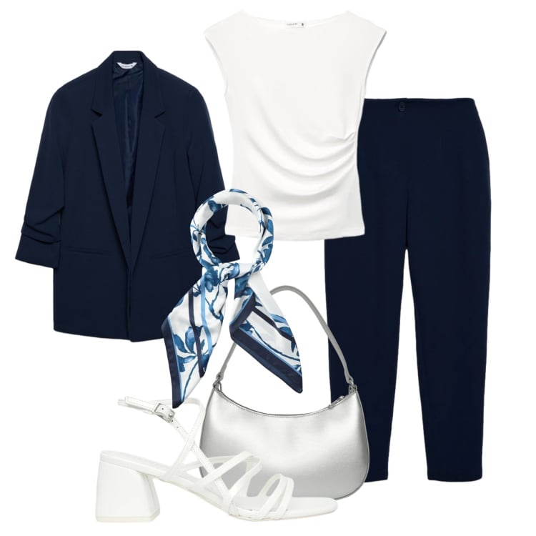 Outfit donna - Serata evento in blu. Stile Glamour per Serata fuori. Abbinamento con blazer, pantaloni chino, foulard, borse a tracolla, top, sandali col tacco.