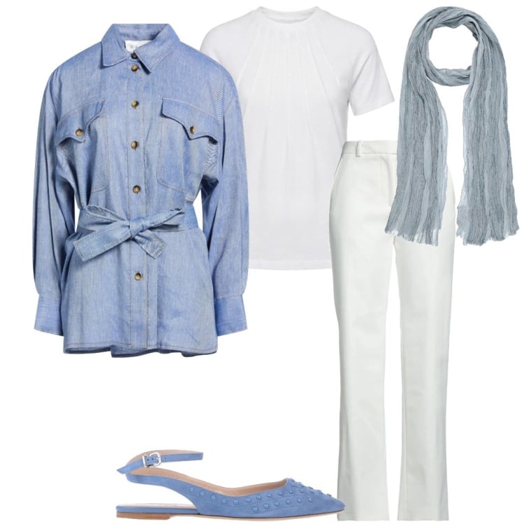 Outfit donna - Look primaverile. Stile Casual chic per Serata fuori. Abbinamento con ballerine, camicie, sciarpe, pantaloni, t-shirt.