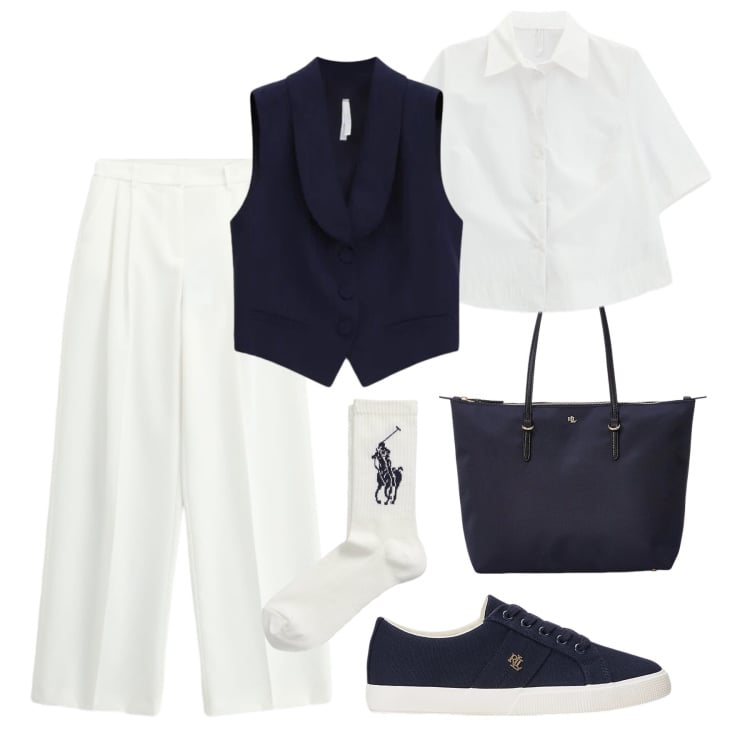 Outfit donna - New Crew Imperial. Stile Sporty chic per Tutti i giorni. Abbinamento con gilet, pantaloni a palazzo, camicie a manica corta, borse tote, sneakers, calzini.