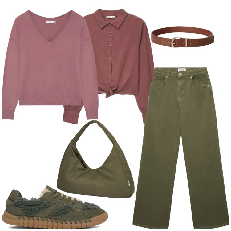 Outfit donna - Total look. Stile Casual per Tutti i giorni. Abbinamento con jeans, cinture, maglieria, camicie, borse a spalla, sneakers.