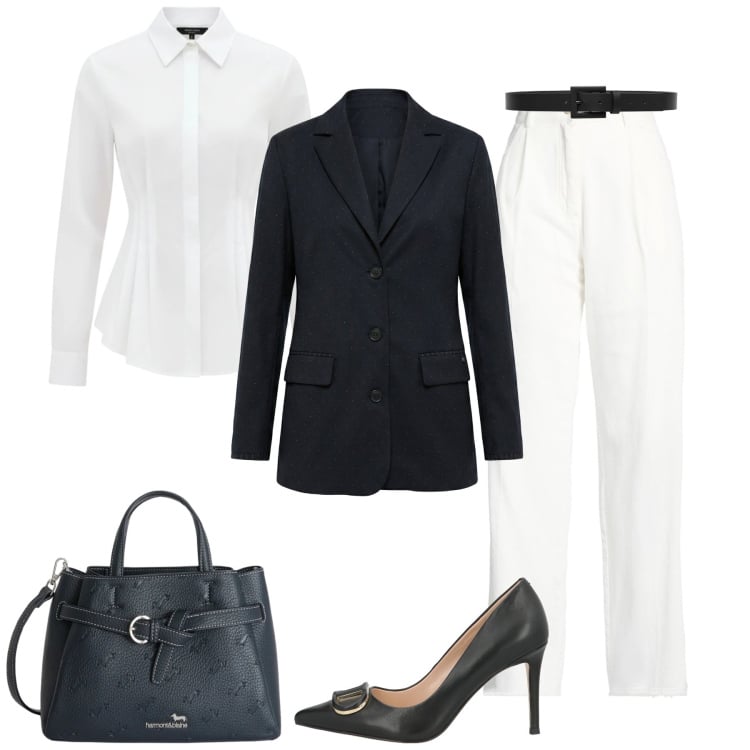 Outfit donna - In ufficio bianco /nero. Stile Casual chic per Ufficio. Abbinamento con décolleté, pantaloni, borse a mano, blazer, camicie, cinture.