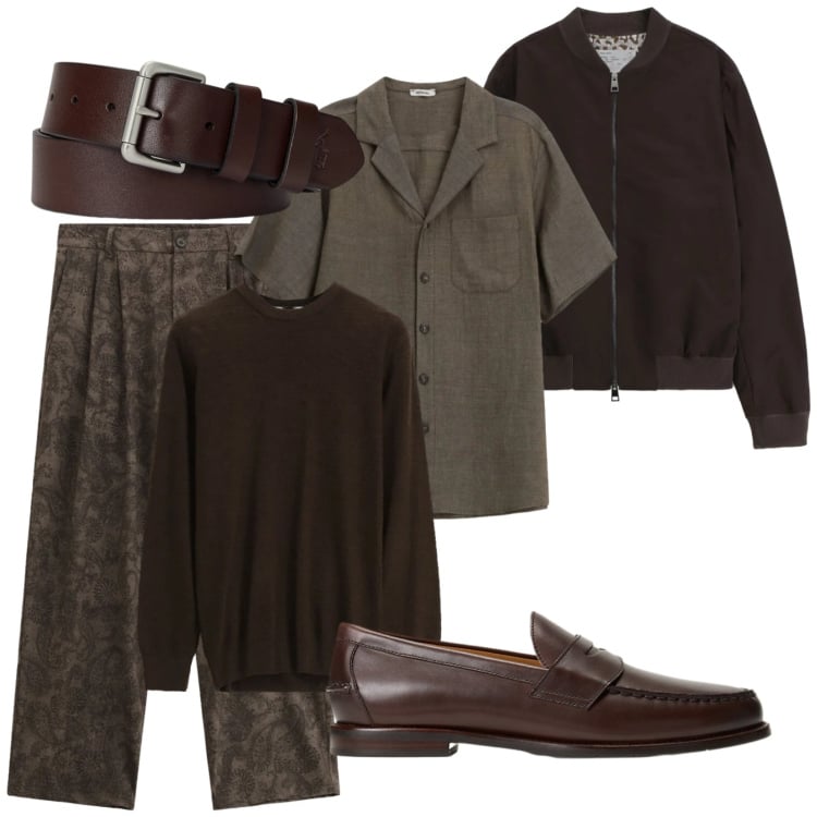 Outfit uomo - Tono su tono. Stile Business/Elegante per Ufficio. Abbinamento con pantaloni, camicie a manica corta, bomber, maglieria, cinture, scarpe stringate.