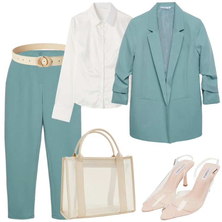 Outfit donna - il completo è il nuovo protagonista. Stile Casual chic per Tutti i giorni. Abbinamento con pantaloni chino, borse tote, sandali col tacco, cinture, blazer, camicie.