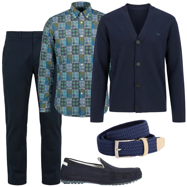 Outfit uomo - Adorabile. Stile Trendy per Serata speciale. Abbinamento con scarpe stringate, cinture, cardigans, camicie, pantaloni chino.