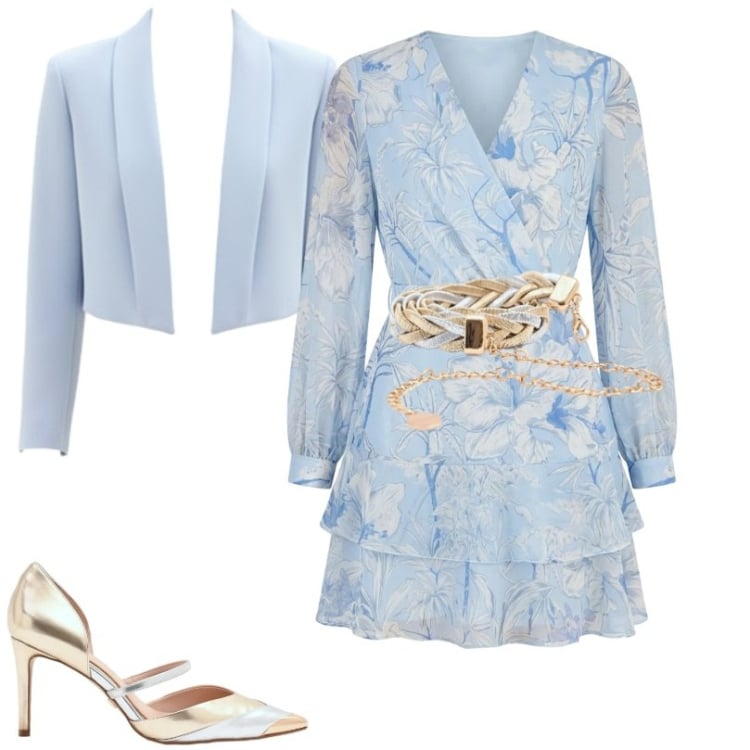 Outfit donna - Azzurro primavera. Stile Chic per Cerimonia. Abbinamento con cinture, décolleté, vestiti corti, blazer.