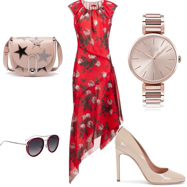 Outfit donna - Trendy hugo. Stile Trendy per Cerimonia. Abbinamento con vestito forma asimmetrica con stampa scollatura con zip in cotone con orlo, décolleté montone con tacco spillo in pelle, borsa a tracolla in pelle, orologio con cinturino, occhiali da sole effetto acetato con zip.