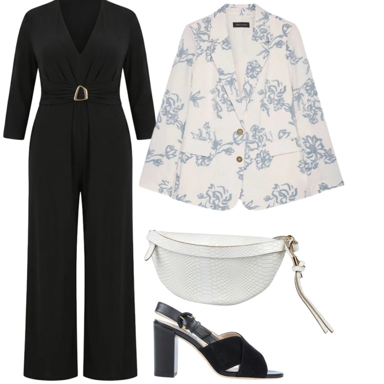Outfit donna - Outfit Taglie Comode. Stile Bon Ton per Serata fuori. Abbinamento con marsupi, sandali in pelle, blazer, tute.
