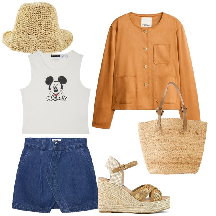 Outfit donna - Sulla panchina. Abbinamento con cappelli, blazer, shopping bag, minigonne, canottiere, zeppe.