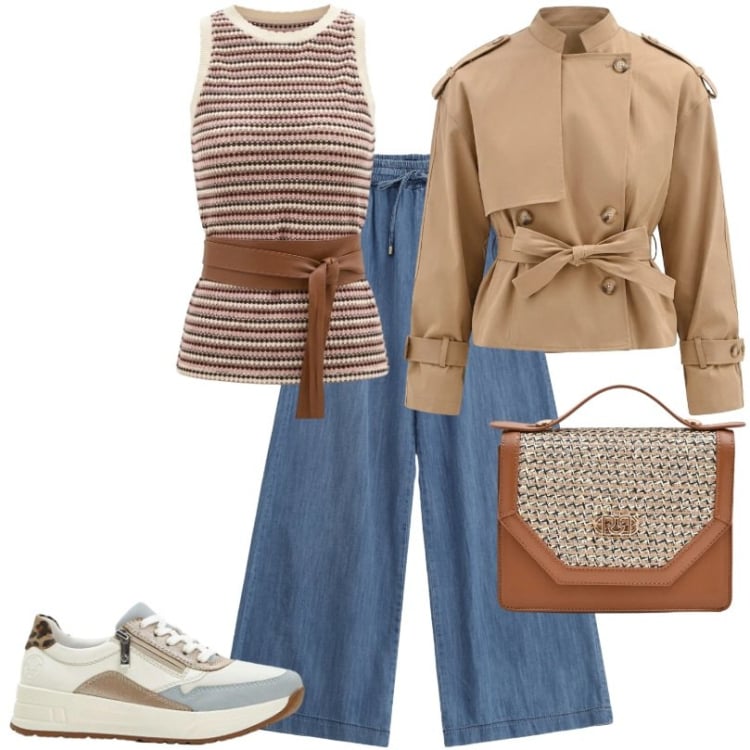 Outfit donna - Total look #2370413. Stile Casual per Tutti i giorni. Abbinamento con sneakers, jeans, caban, pochette, canottiere.