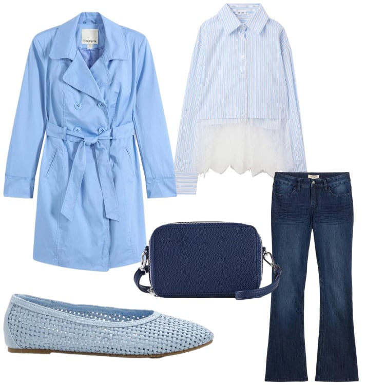 Outfit donna - Shopping. Stile Bon Ton per Tutti i giorni. Abbinamento con jeans a zampa, trench, ballerine, borse a tracolla, camicie.