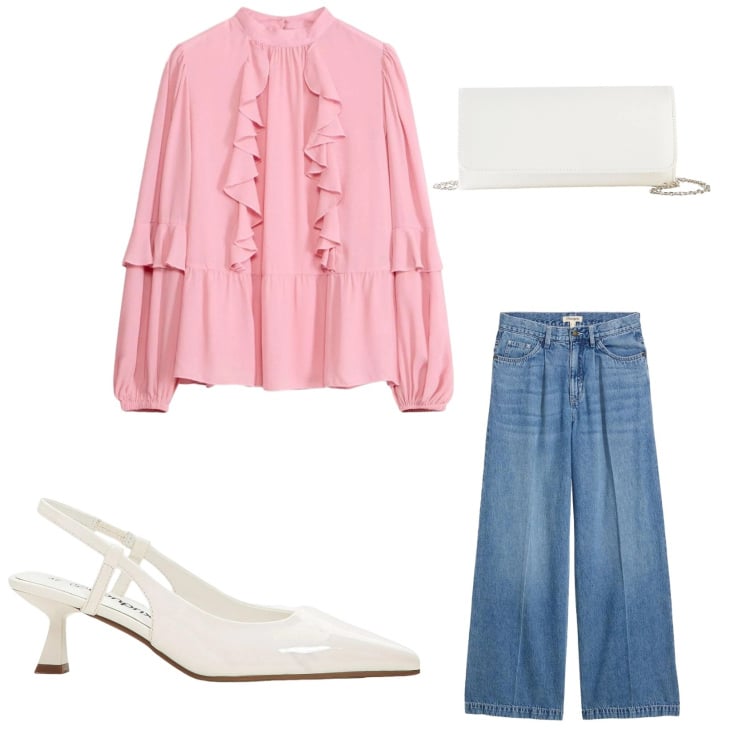 Outfit donna - Glamour. Stile Glamour per Serata fuori. Abbinamento con pochette, décolleté, jeans, bluse.
