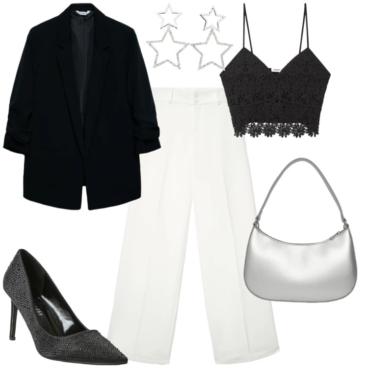 Outfit donna - Glamour serata evento speciale. Stile Glamour per Serata fuori. Abbinamento con orecchini, pantaloni, blazer, borse a tracolla, top, décolleté.