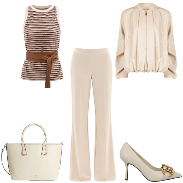 Outfit donna - Serata fuori o evento informale. Stile Casual chic per Serata fuori. Abbinamento con décolleté, shopping bag, bomber, pantaloni a palazzo, canottiere.