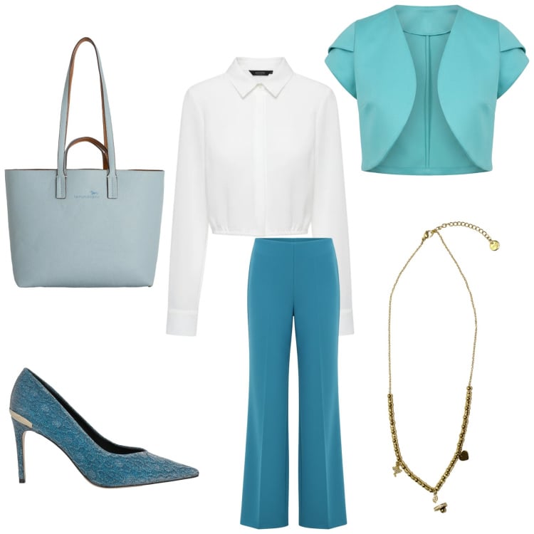 Outfit donna - Total look #2370425. Stile Casual chic per Cerimonia. Abbinamento con décolleté, shopping bag, bolero, camicie, pantaloni a palazzo, ciondoli.