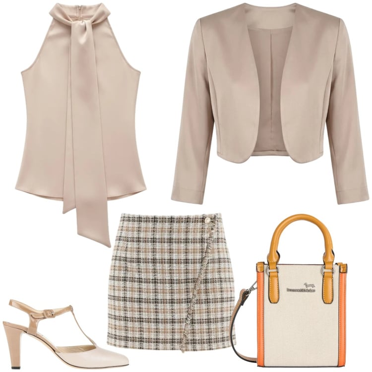 Outfit donna - Serata o cerimonia. Stile Casual chic per Serata fuori. Abbinamento con décolleté, borse tote, minigonne, blazer, top.