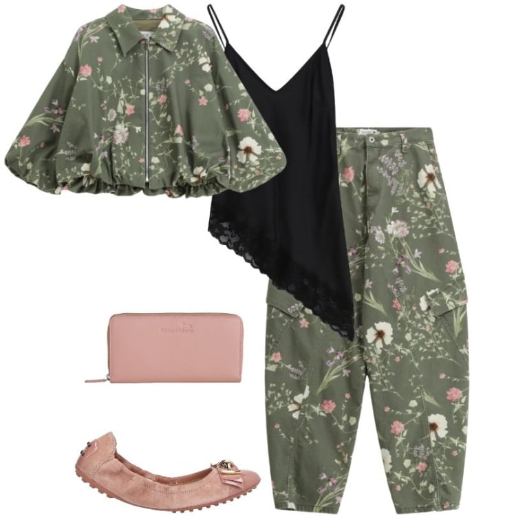 Outfit donna - Total look #2370429. Stile Trendy per Tutti i giorni. Abbinamento con ballerine, portafogli, pantaloni cargo, bomber, top.