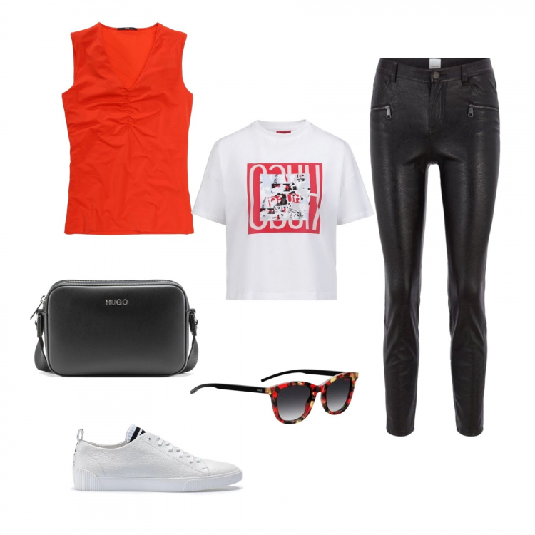 Outfit donna - Doppia scelta. Stile Trendy per Tutti i giorni. Abbinamento con pantalone con zip in pelle sintetica, top, occhiali da sole effetto acetato con zip, t-shirt con stampa, sneakers basse a righe in pelle martellata, borsa a tracolla con logo.
